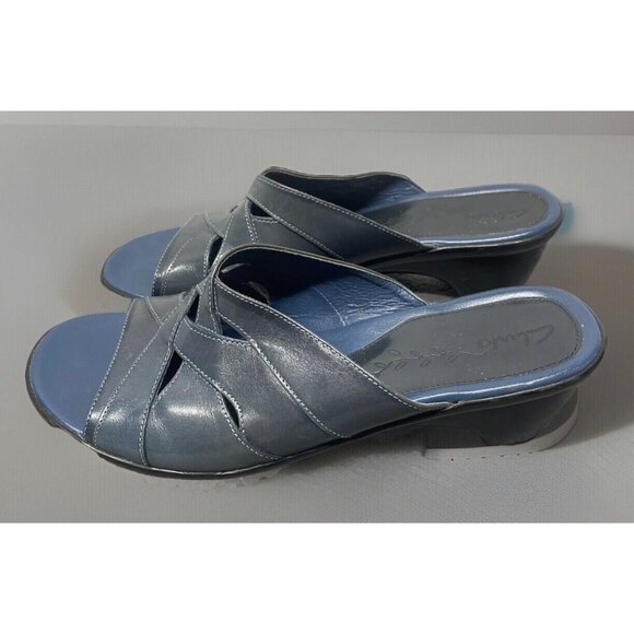 Clarks Womens Blue Strappy Heeled Slide Sandals Size US 7.5 Vtg Casual Office - Picture 2 of 10